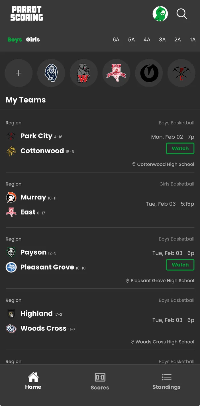 Parrot Scoring app: Home screen