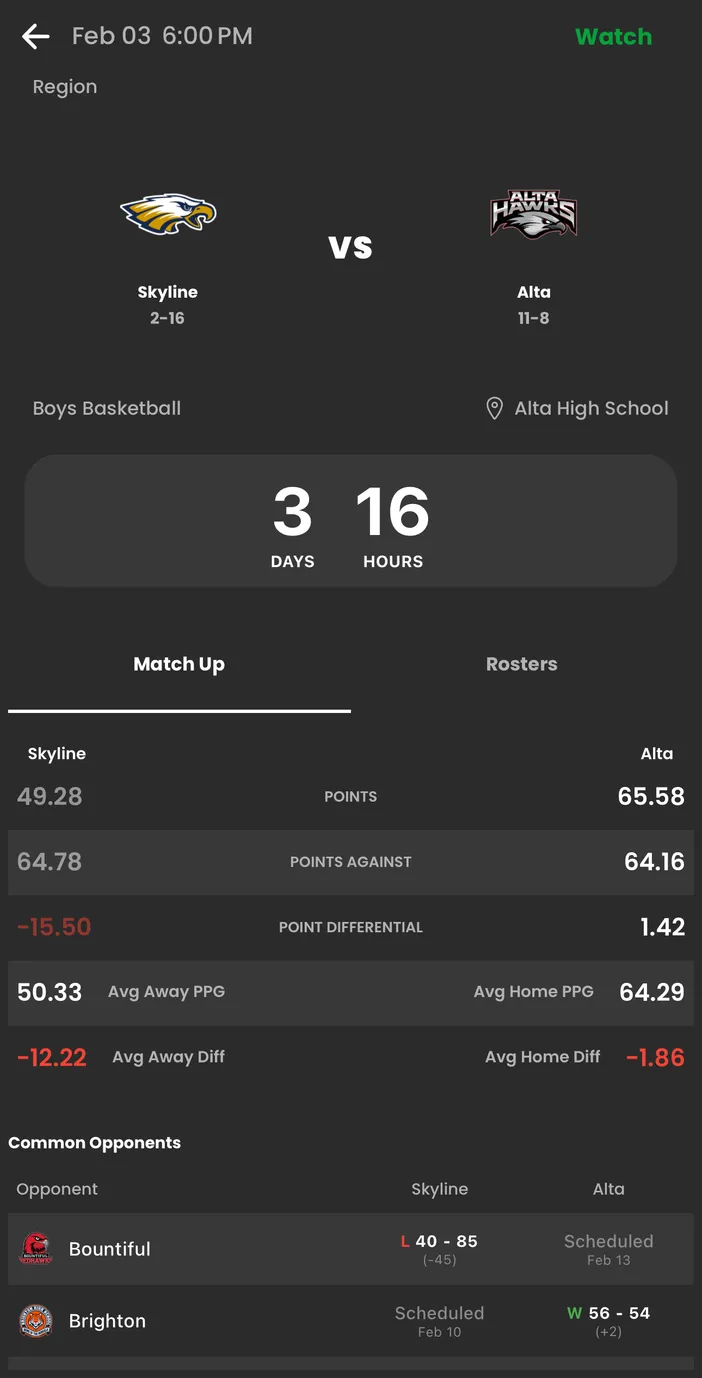 Parrot Scoring app: Upcoming game